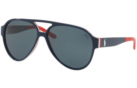 Sunglasses - POLO Ralph Lauren - PH4130 - 566787 SHINY NAVY BLUE ON WHITE RED // GREY